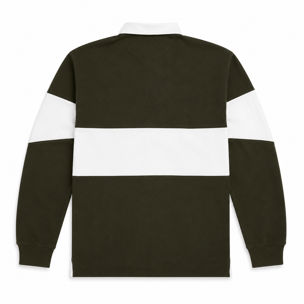 A long-sleeve rugby-style shirt shown from the back, featuring a dark olive green body with a wide white horizontal stripe across the middle and white stripes on the upper sleeves, set against a plain white background.