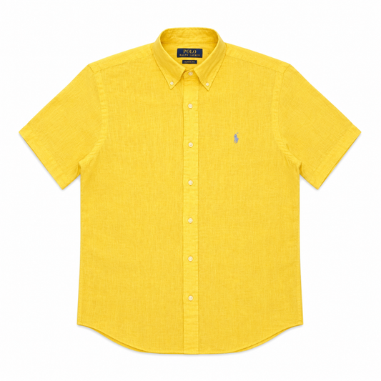 A bright yellow short-sleeve button-down shirt by Polo Ralph Lauren, featuring a small embroidered blue pony logo on the left chest, displayed on a clean white background.