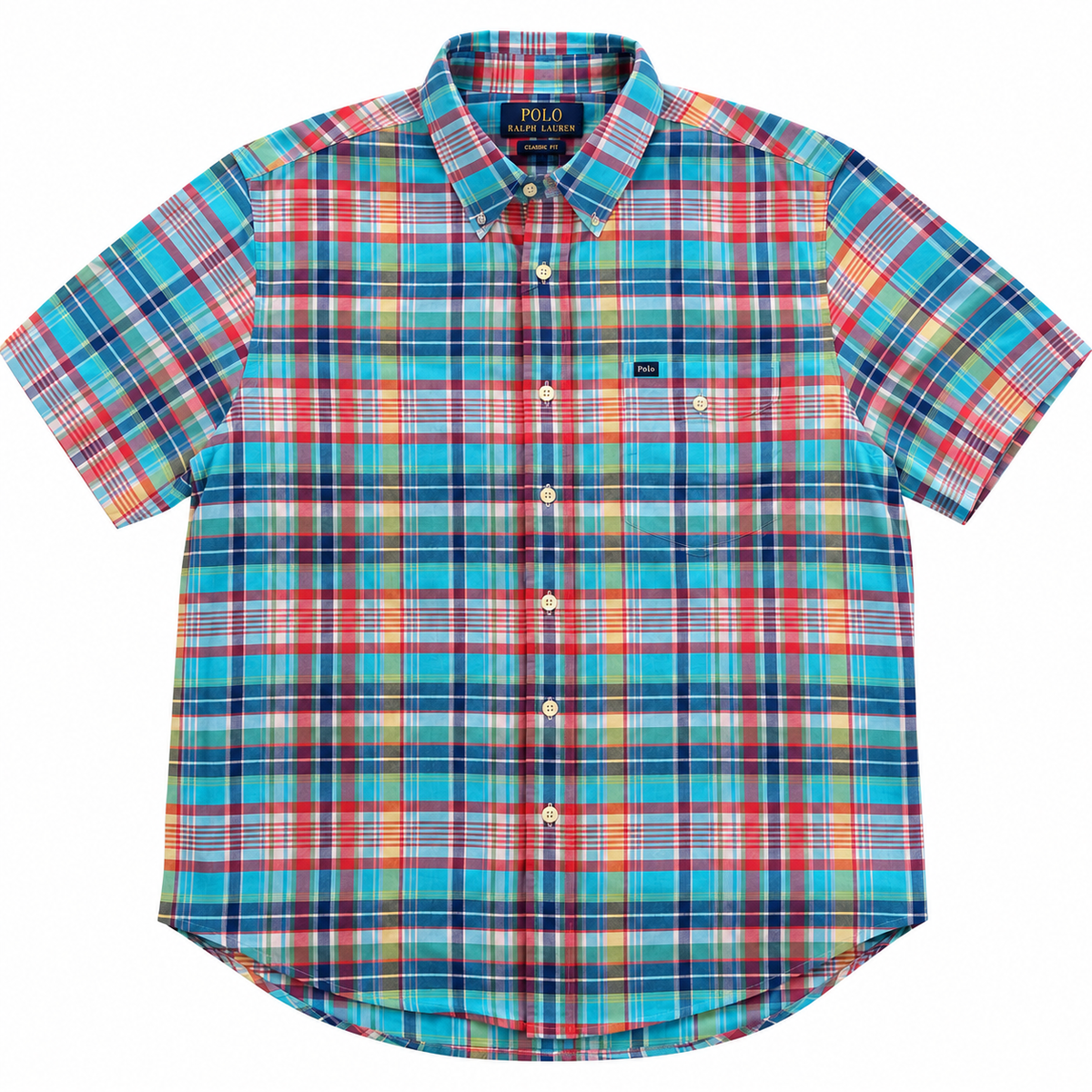 A short-sleeve button-down plaid shirt by Polo Ralph Lauren, featuring a vibrant multicolor tartan pattern with blue, red, yellow, and white stripes, displayed flat against a white background.