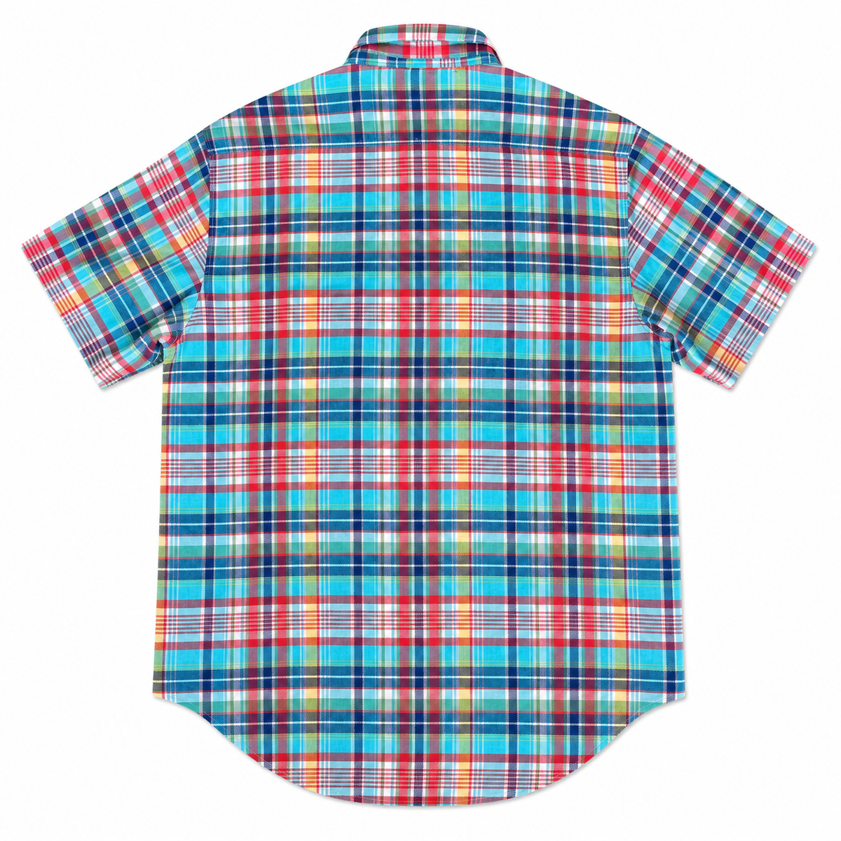 A short-sleeve button-up plaid shirt shown flat against a white background. The shirt features a vibrant multicolor plaid pattern with prominent shades of blue, red, yellow, and white.