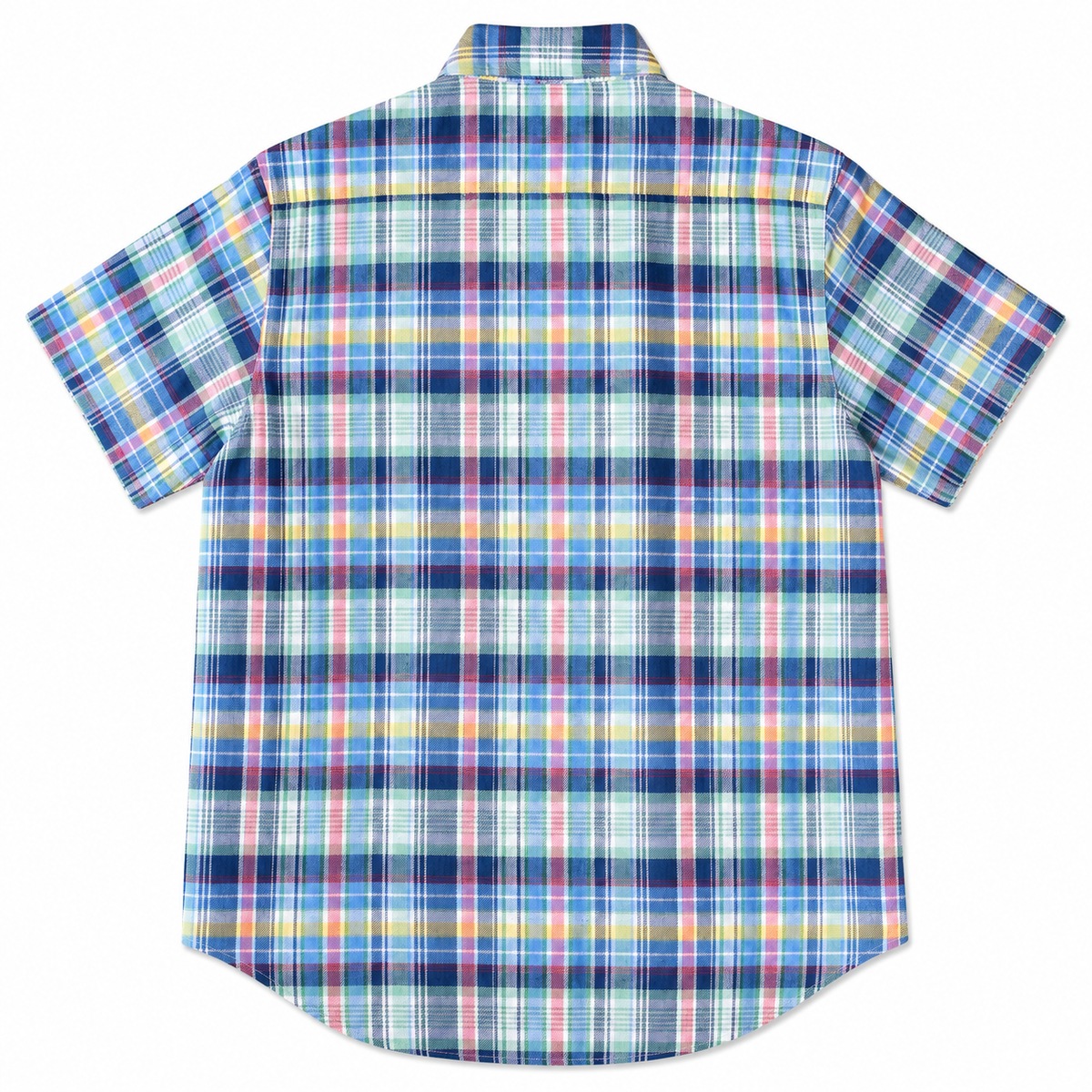 A short-sleeve plaid button-up shirt shown from the back, featuring a multicolor pattern of blue, pink, yellow, and white intersecting plaid lines on a white background.