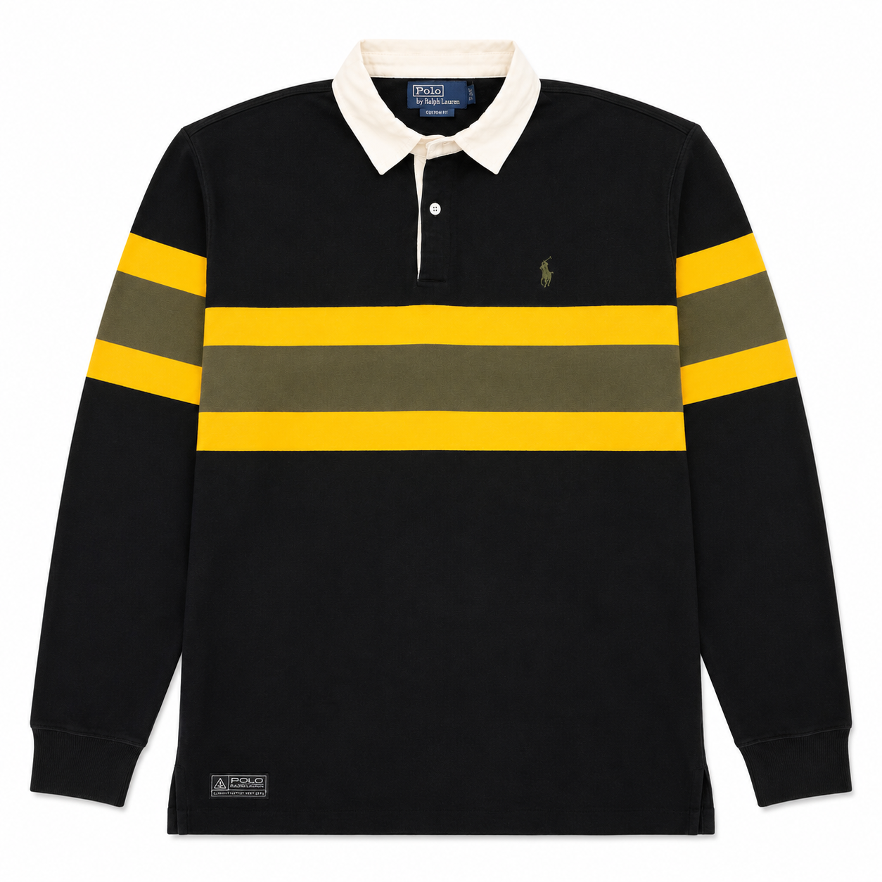 A long-sleeve polo shirt by Polo Ralph Lauren, featuring a black body with two horizontal yellow stripes across the chest and yellow stripes on the upper sleeves, a cream collar, and the signature polo player logo on the left chest.