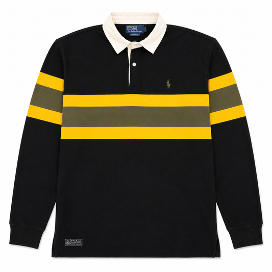 A long-sleeve polo shirt by Polo Ralph Lauren, featuring a black body with two horizontal yellow stripes across the chest and yellow stripes on the upper sleeves, a cream collar, and the signature polo player logo on the left chest.