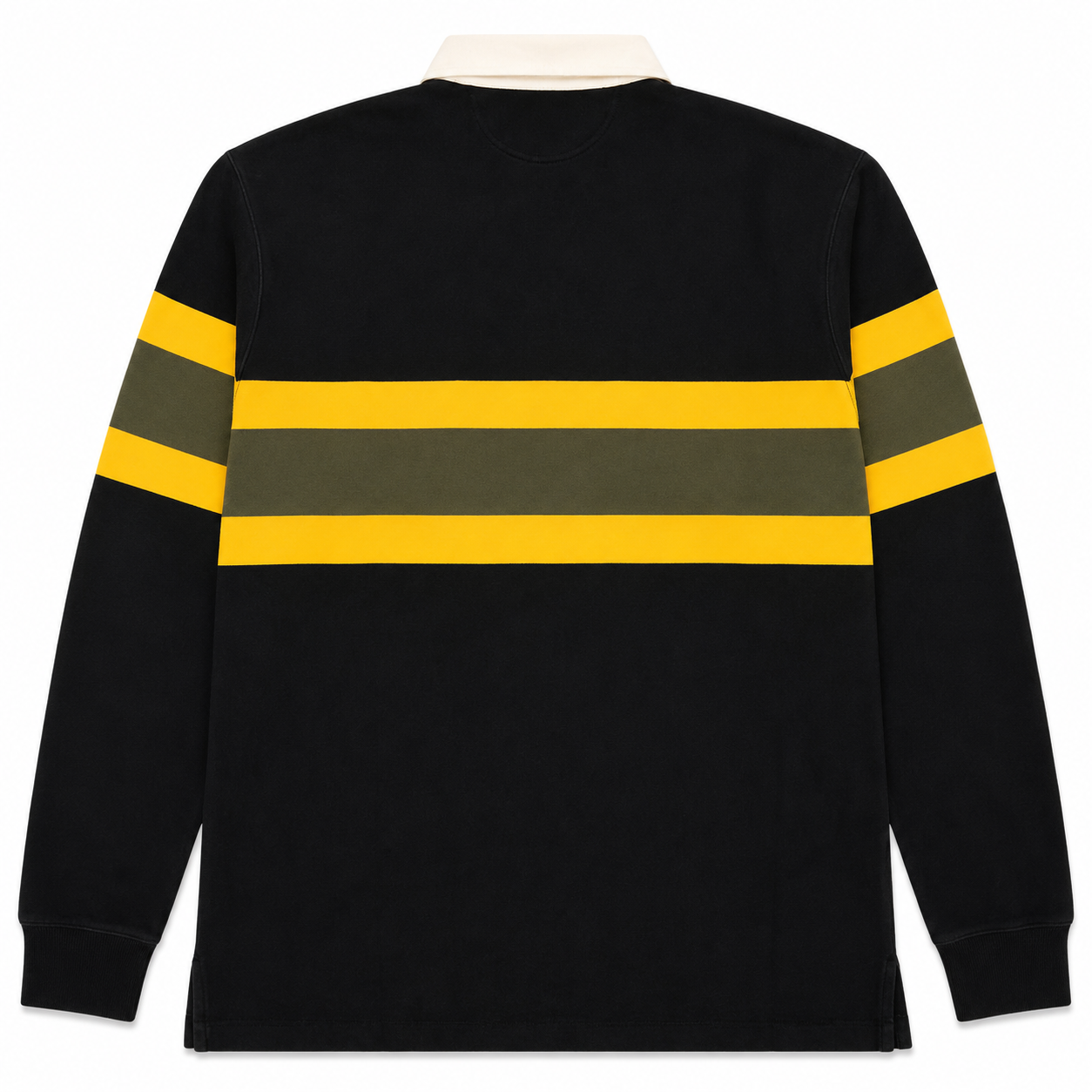 A black long-sleeve rugby shirt shown from the back, featuring two horizontal olive green stripes across the upper back and yellow stripes on the shoulders and sleeves.
