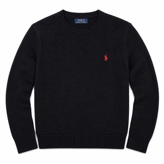 A classic black knit sweater by Polo Ralph Lauren, featuring a small embroidered red polo player logo on the left chest, displayed on a clean white background.