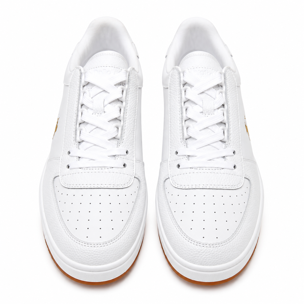 A pair of white low-top sneakers shown from a top-down view against a clean white background.