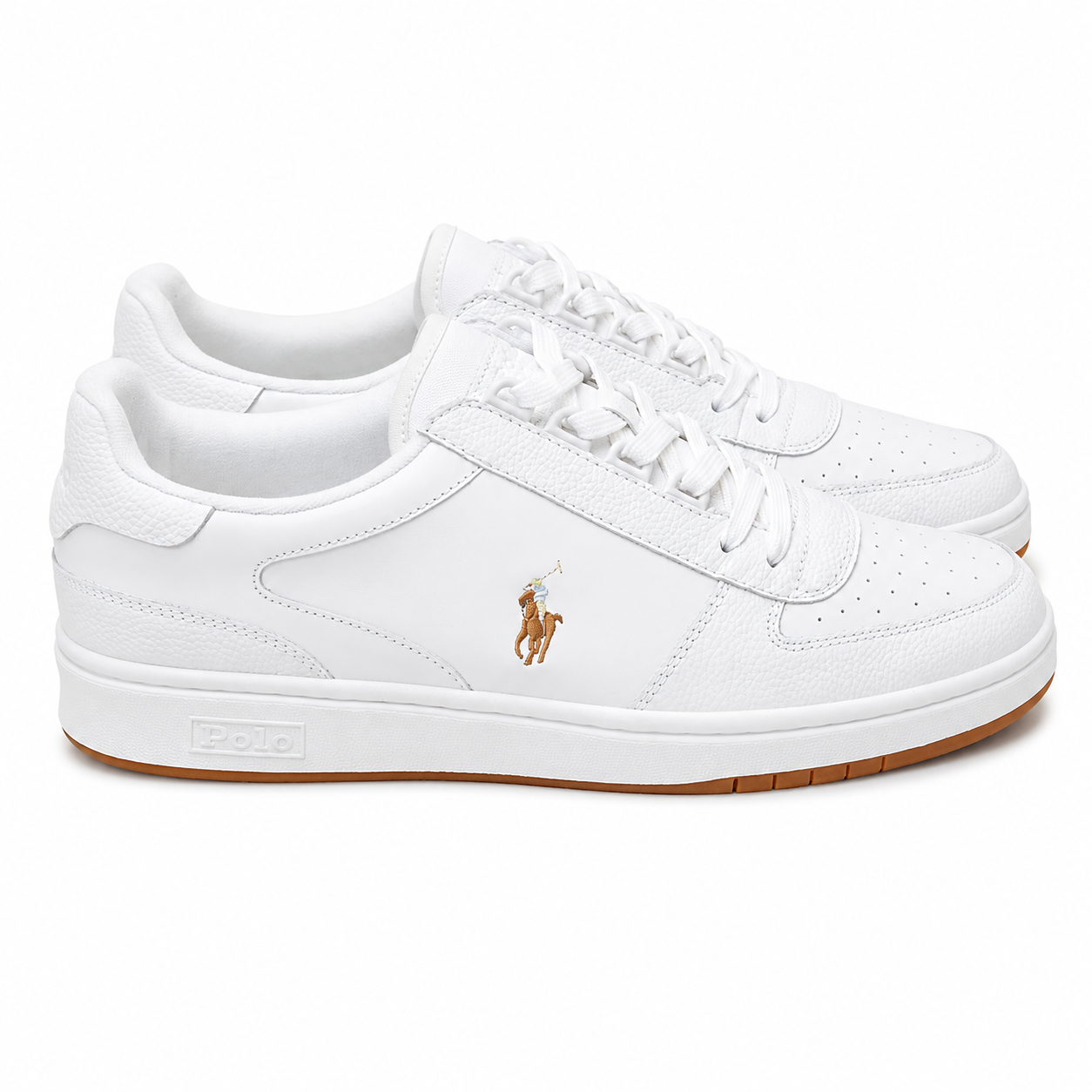 A pair of white Polo Ralph Lauren low-top sneakers with a brown gum sole, featuring the signature embroidered polo player logo on the side.
