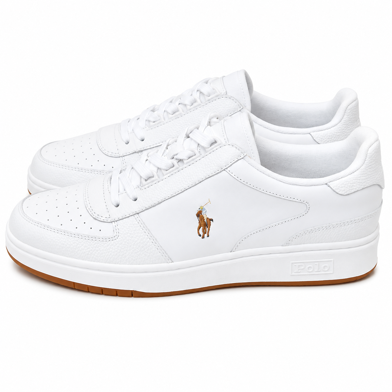 A pair of white Polo Ralph Lauren low-top sneakers with a small brown embroidered polo player logo on the side, white laces, and a gum brown outsole, shown against a plain white background.