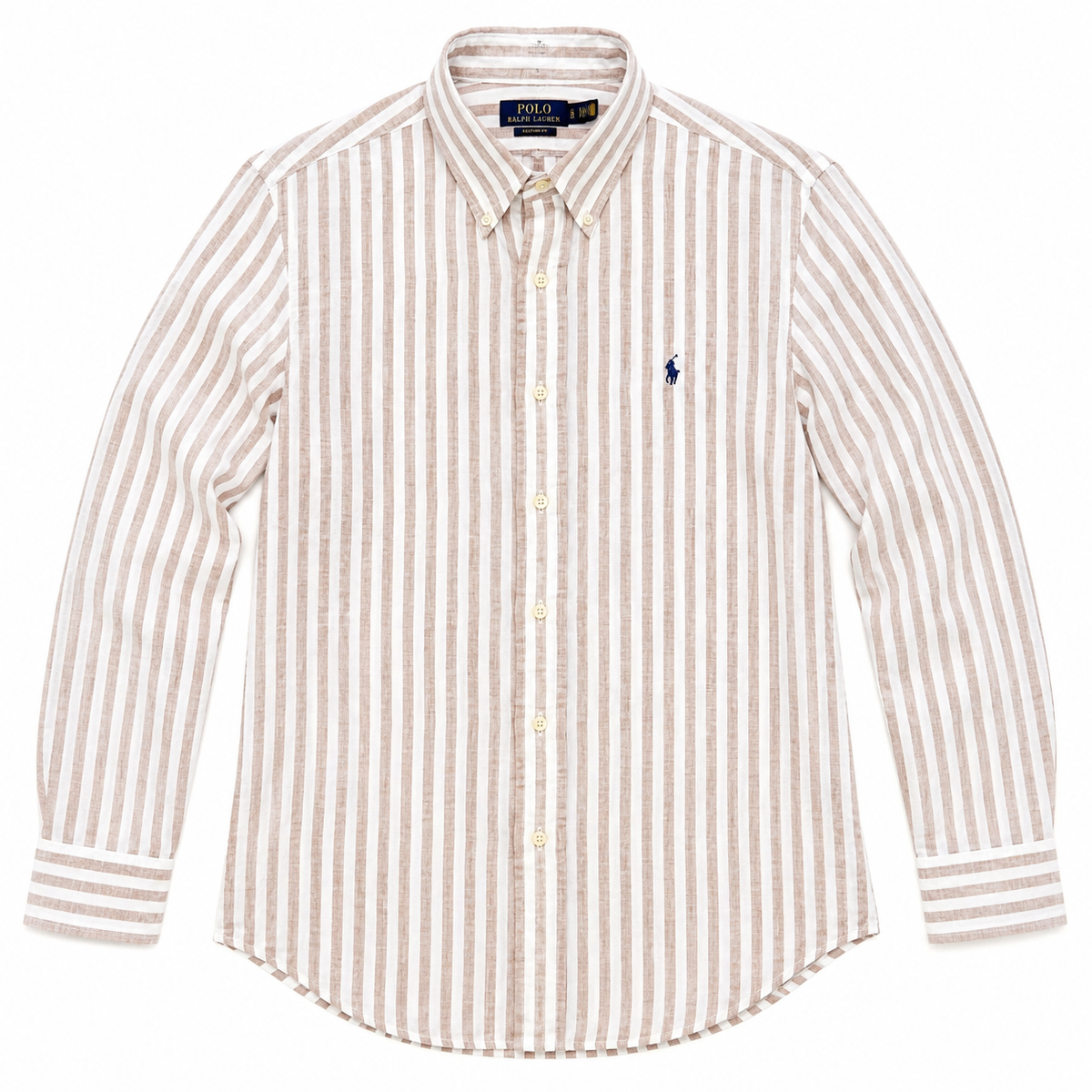 A long-sleeve button-down shirt by Polo Ralph Lauren featuring vertical stripes in cream and a light tan/beige color, with a small navy blue embroidered polo player logo on the left chest.