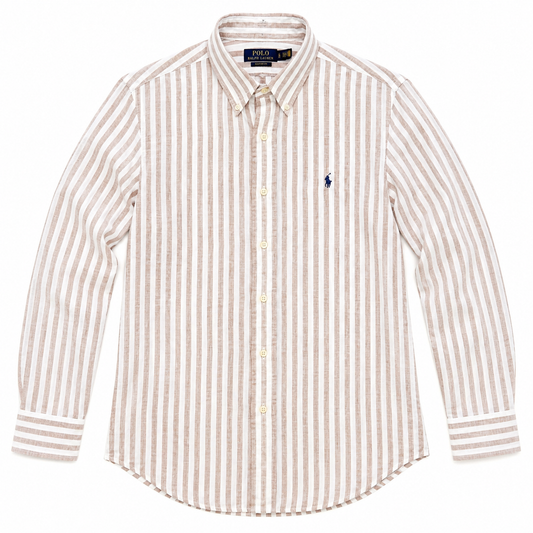 A long-sleeve button-down shirt by Polo Ralph Lauren featuring vertical stripes in cream and a light tan/beige color, with a small navy blue embroidered polo player logo on the left chest.