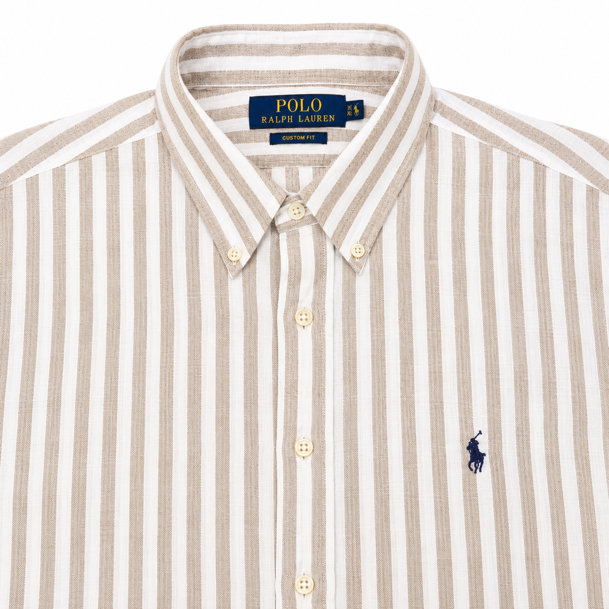 A close-up of a Polo Ralph Lauren button-down shirt featuring vertical beige and white stripes, with a navy blue embroidered polo player logo on the chest.