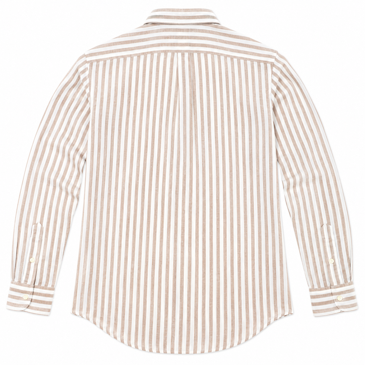 A long-sleeve button-up shirt with vertical beige and white stripes, shown from the back on a clean white background.