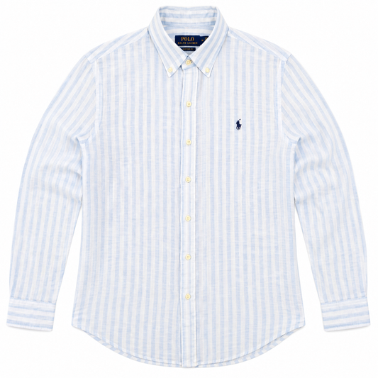 A light blue and white vertically striped long-sleeve button-down shirt by Polo Ralph Lauren, featuring a small navy embroidered polo player logo on the left chest.