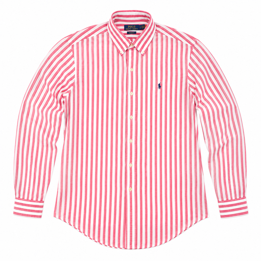 A long-sleeve button-down shirt by Polo Ralph Lauren featuring vertical pink and white stripes, with a small navy embroidered polo player logo on the left chest.
