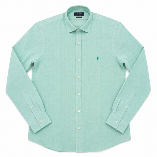 A light mint green long-sleeve button-down shirt by Polo Ralph Lauren, featuring the signature embroidered polo player logo on the left chest, laid flat on a white background.