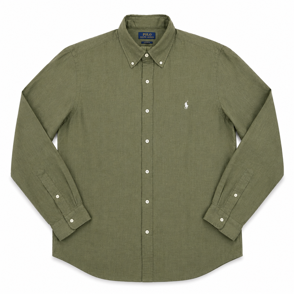 An olive green long-sleeve button-down shirt by Polo Ralph Lauren, featuring a small embroidered polo player logo on the left chest, laid flat against a white background.