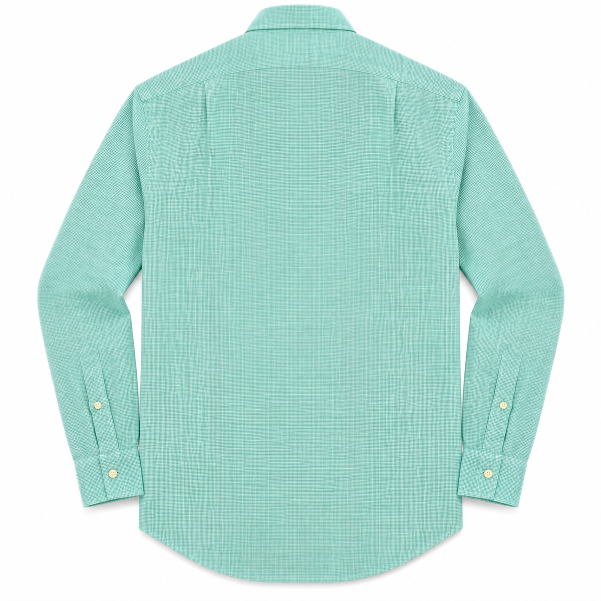A mint green long-sleeve linen shirt shown from the back, featuring a subtle textured weave and buttoned cuffs, laid flat against a white background.