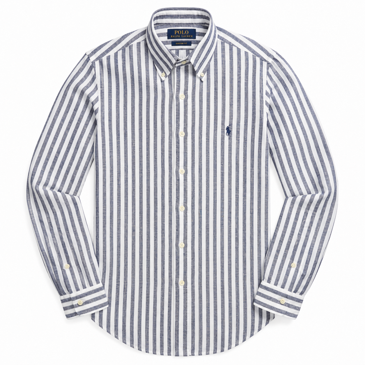A long-sleeve button-down shirt by Polo Ralph Lauren featuring vertical navy and off-white stripes, with the signature embroidered polo player logo on the chest.