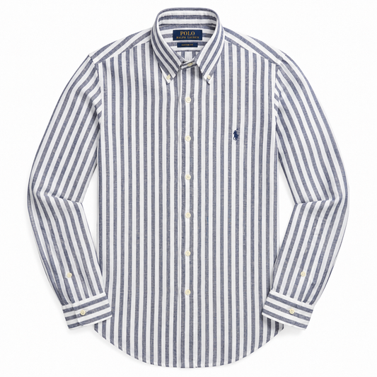 A long-sleeve button-down shirt by Polo Ralph Lauren featuring vertical navy and off-white stripes, with the signature embroidered polo player logo on the chest.