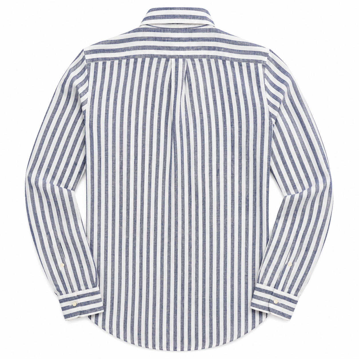 A long-sleeve button-down shirt with vertical navy blue and white stripes, shown from the back on a clean white background.