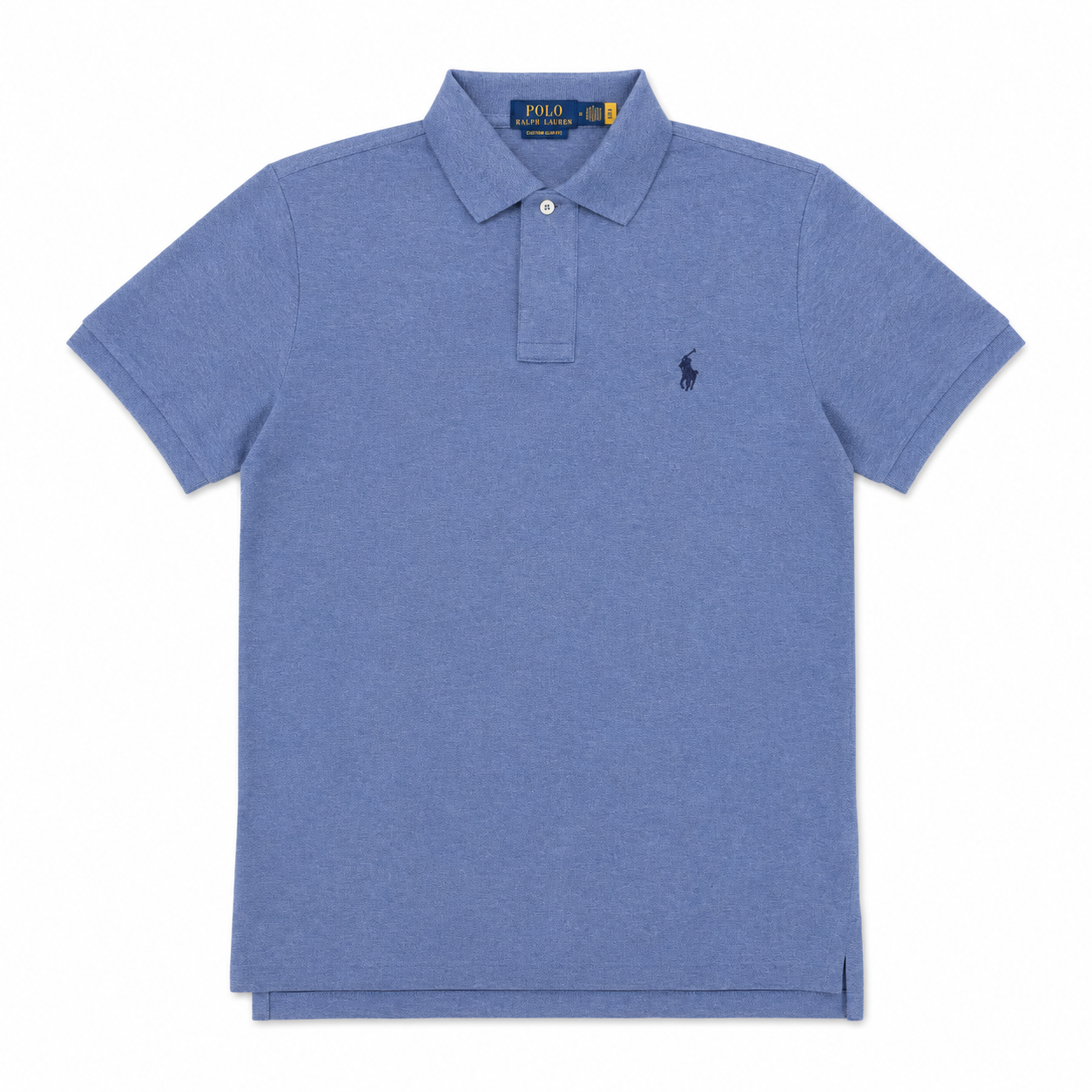 A heather blue short-sleeve polo shirt by Polo Ralph Lauren, featuring a classic collar, two-button placket, and the signature embroidered polo player logo on the left chest.
