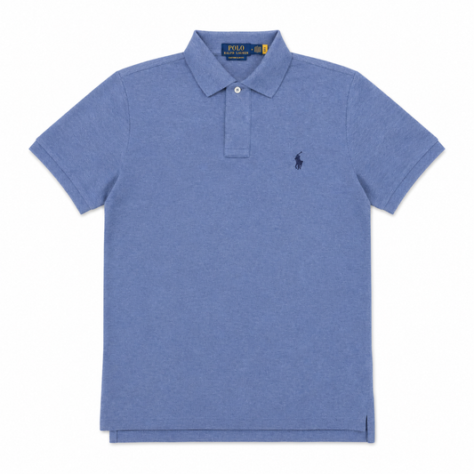 A heather blue short-sleeve polo shirt by Polo Ralph Lauren, featuring a classic collar, two-button placket, and the signature embroidered polo player logo on the left chest.