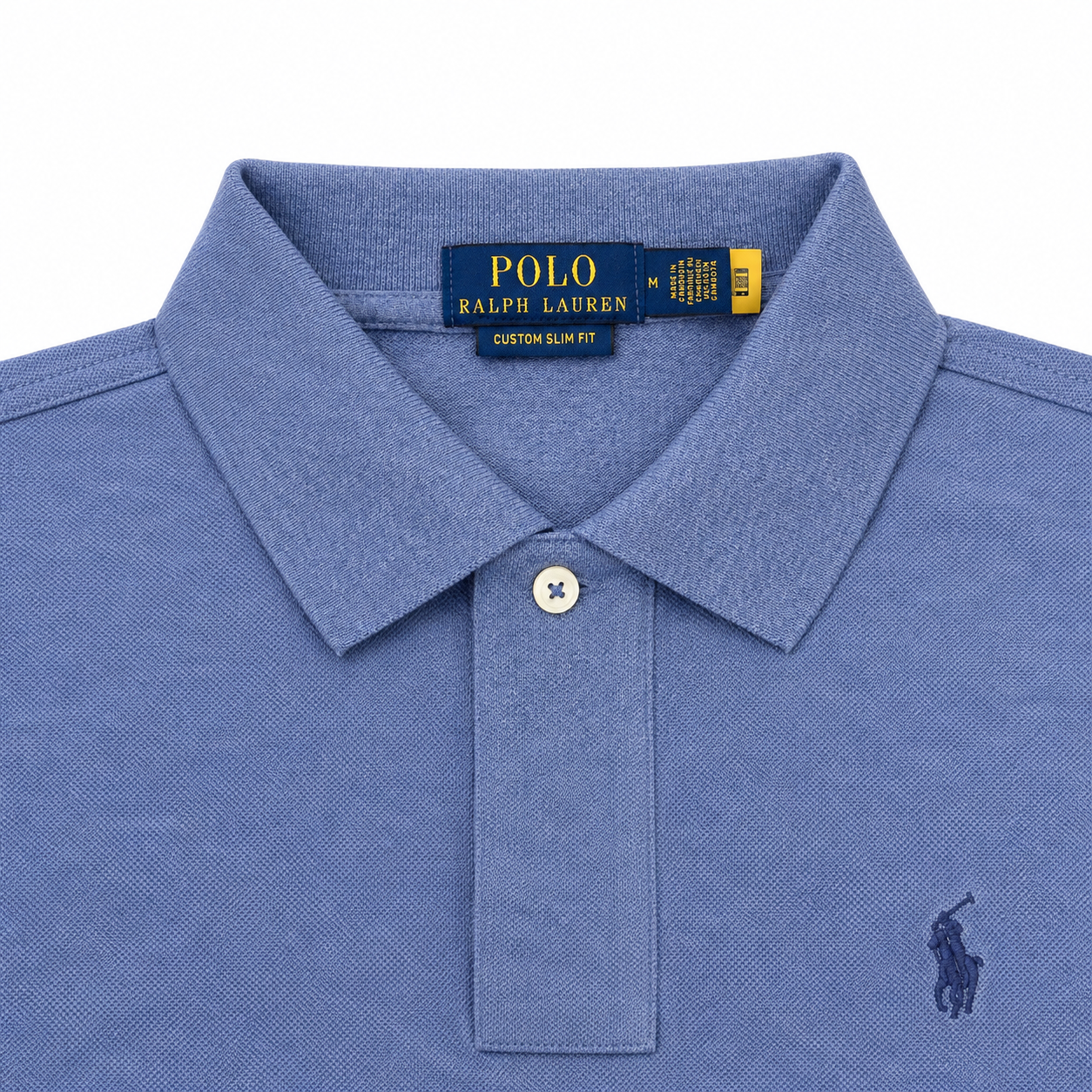 Close-up of a blue Polo Ralph Lauren polo shirt showing the collar, button placket, and embroidered pony logo on a white background.