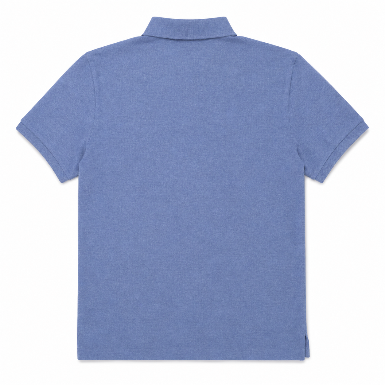 A short-sleeve polo shirt shown from the back, in a heathered periwinkle blue color, on a plain white background.