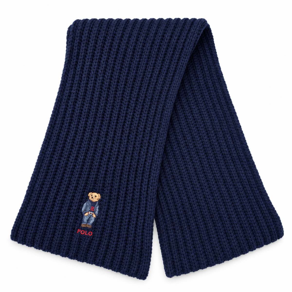 A navy blue ribbed knit scarf with an embroidered Polo Ralph Lauren teddy bear logo and 'POLO' text on the lower left end, displayed on a clean white background.