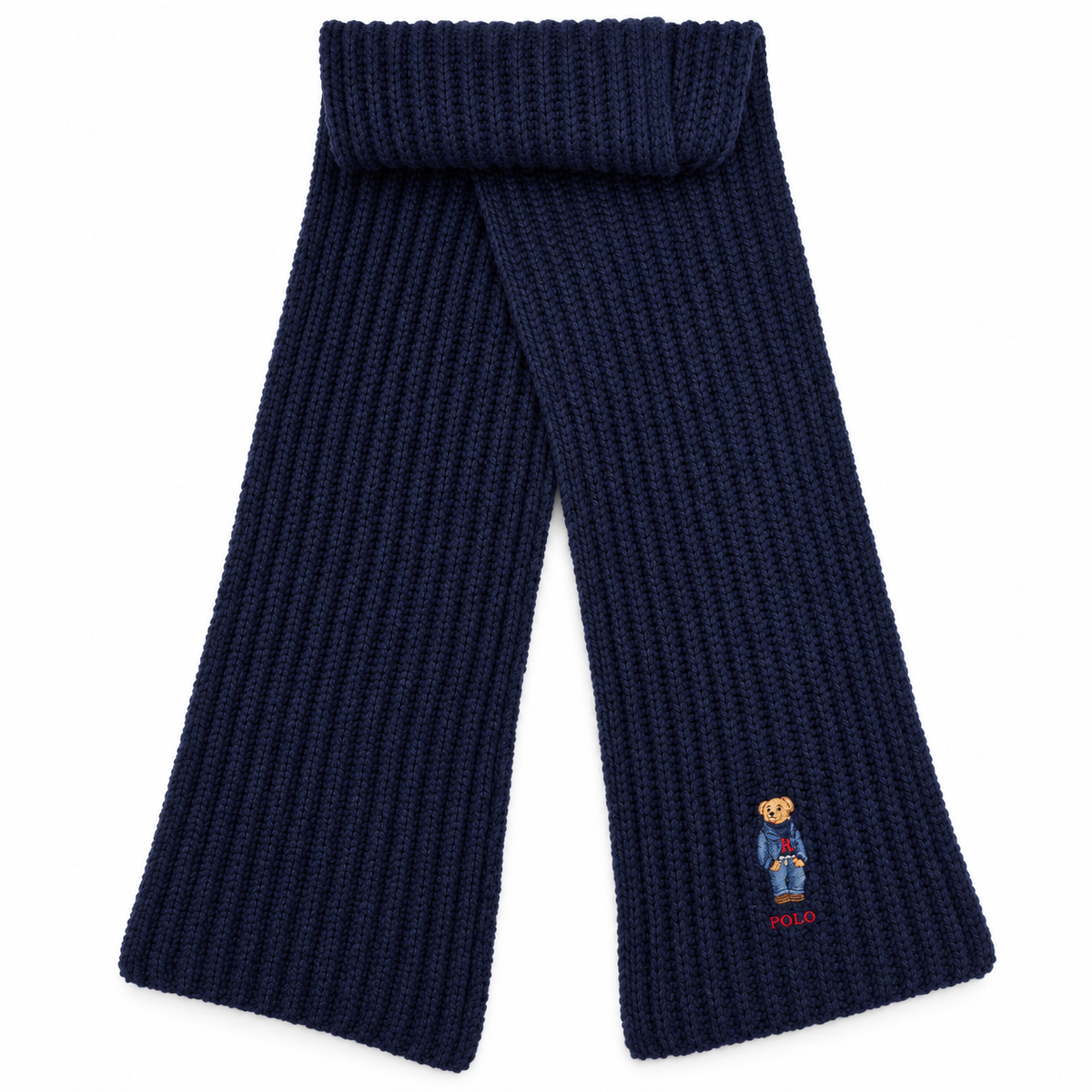 A dark navy blue ribbed knit scarf with the signature embroidered Polo Bear logo on the lower right end, displayed on a clean white background.