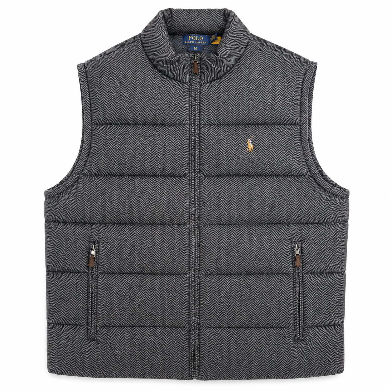 A dark gray herringbone quilted puffer vest with a full-zip front, stand-up collar, and two vertical zippered pockets. The iconic embroidered polo player logo is visible on the left chest, indicating the Polo Ralph Lauren brand.