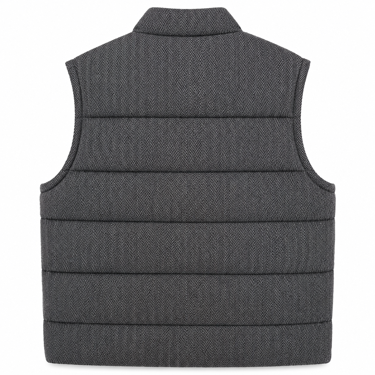A dark gray quilted puffer vest with a high collar, shown from the back against a plain white background.