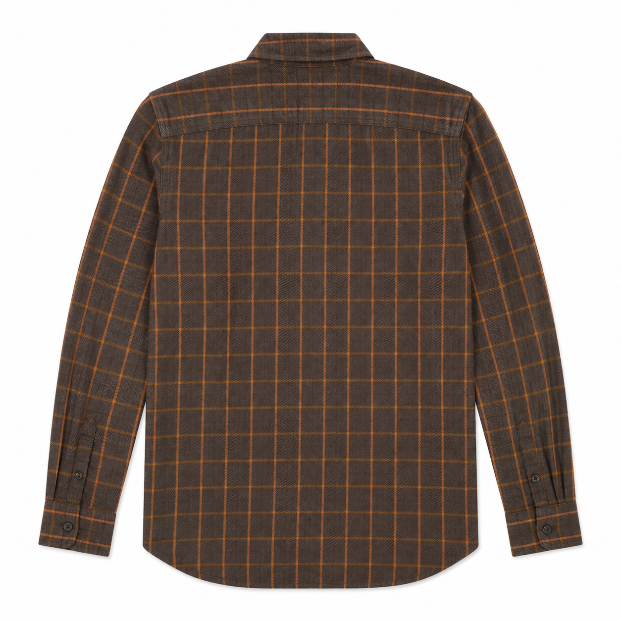A long-sleeve button-up shirt shown from the back, featuring a dark brown and black plaid pattern with thin orange lines.
