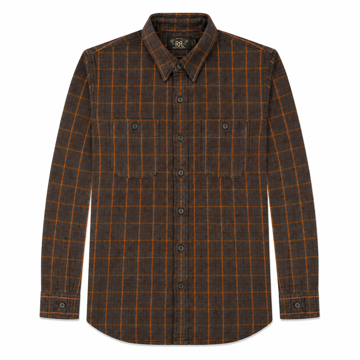 A long-sleeve button-up flannel shirt in dark brown with an orange windowpane plaid pattern, featuring two buttoned chest pockets and a pointed collar.