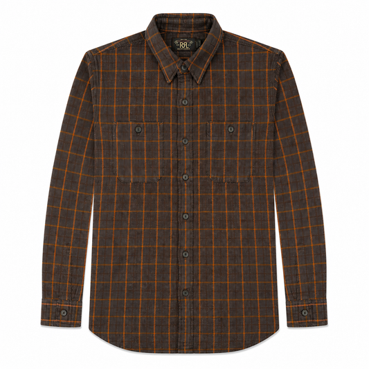 A long-sleeve button-up flannel shirt in dark brown with an orange windowpane plaid pattern, featuring two buttoned chest pockets and a pointed collar.