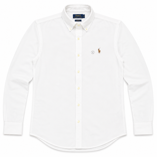 A white long-sleeve button-down shirt by Polo Ralph Lauren, featuring the brand's embroidered polo player logo on the left chest, displayed on a clean white background.