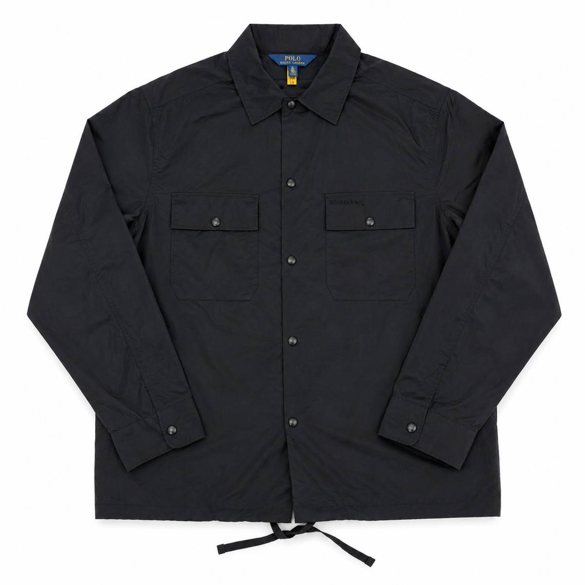 A black long-sleeve utility shirt jacket by Polo Ralph Lauren, featuring a button-down front, two chest flap pockets, and a drawstring hem, laid flat on a white background.