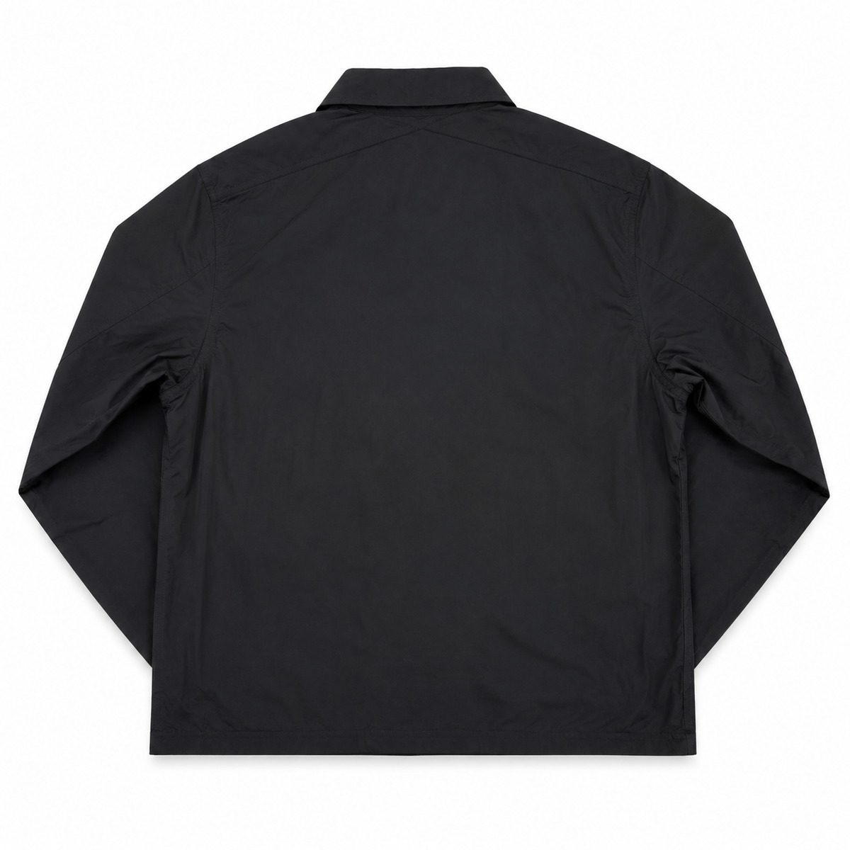 A black long-sleeve jacket shown from the back, laid flat against a solid white background.