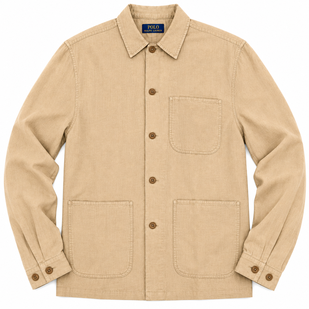 A tan long-sleeve button-up shirt jacket by Polo Ralph Lauren, featuring a pointed collar, a chest pocket, and two large front patch pockets, displayed on a clean white background.