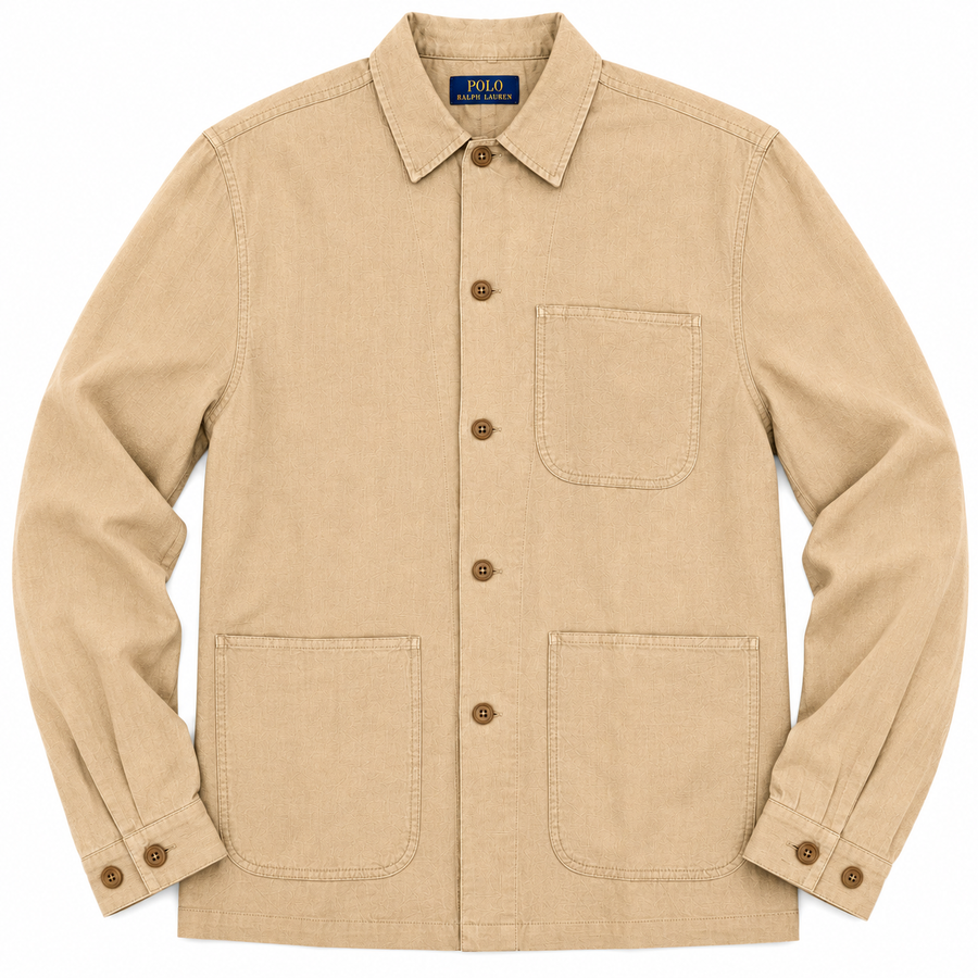 A tan long-sleeve button-up shirt jacket by Polo Ralph Lauren, featuring a pointed collar, a chest pocket, and two large front patch pockets, displayed on a clean white background.