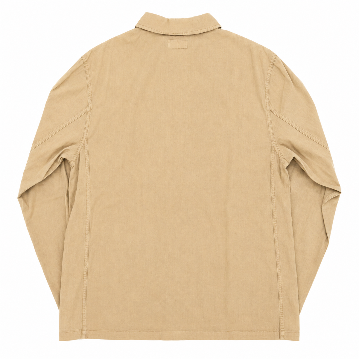 A tan long-sleeve utility shirt shown from the back, laid flat against a solid white background.