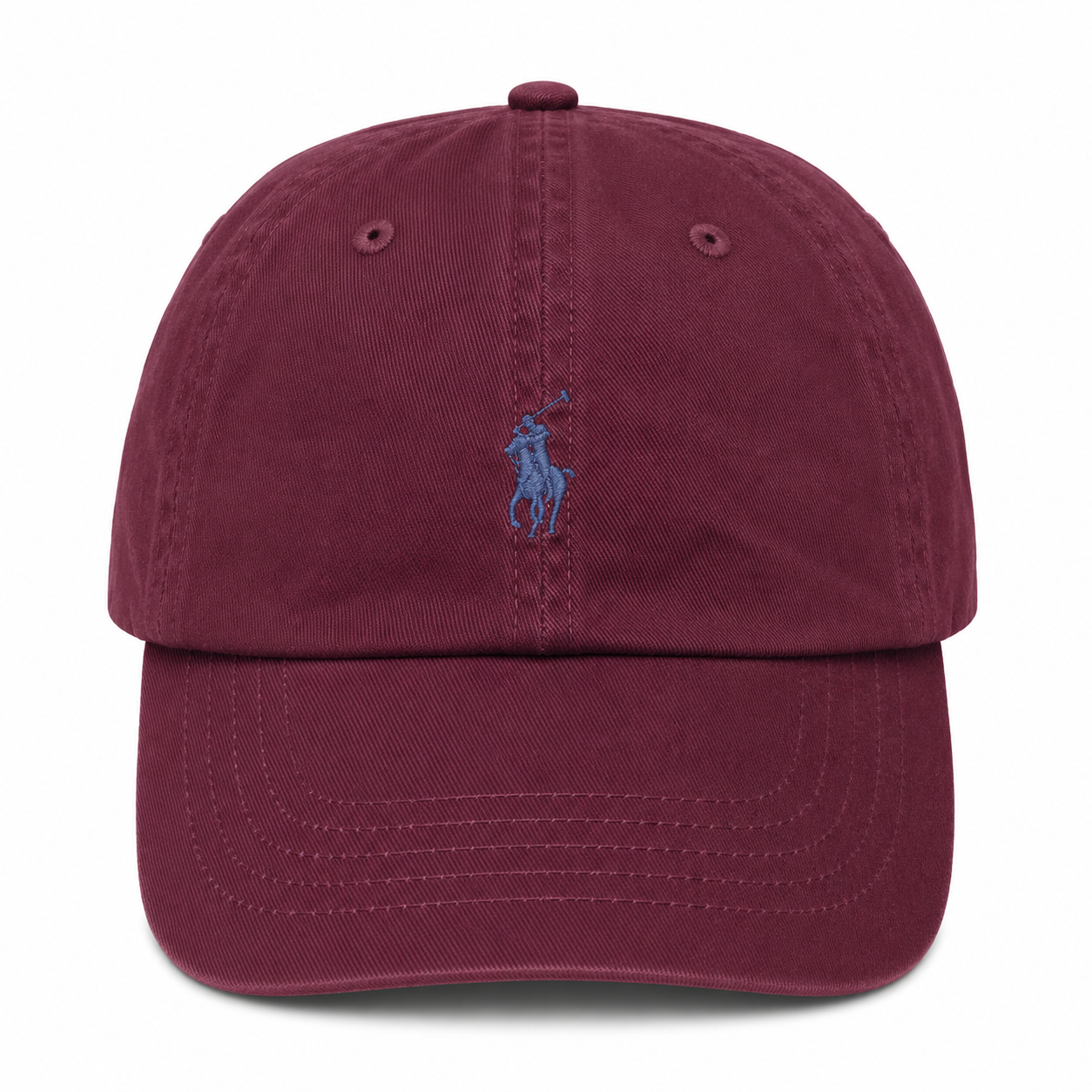 A classic six-panel dad hat in washed burgundy cotton twill, featuring the embroidered blue Polo Ralph Lauren pony logo on the front, set against a plain white background.