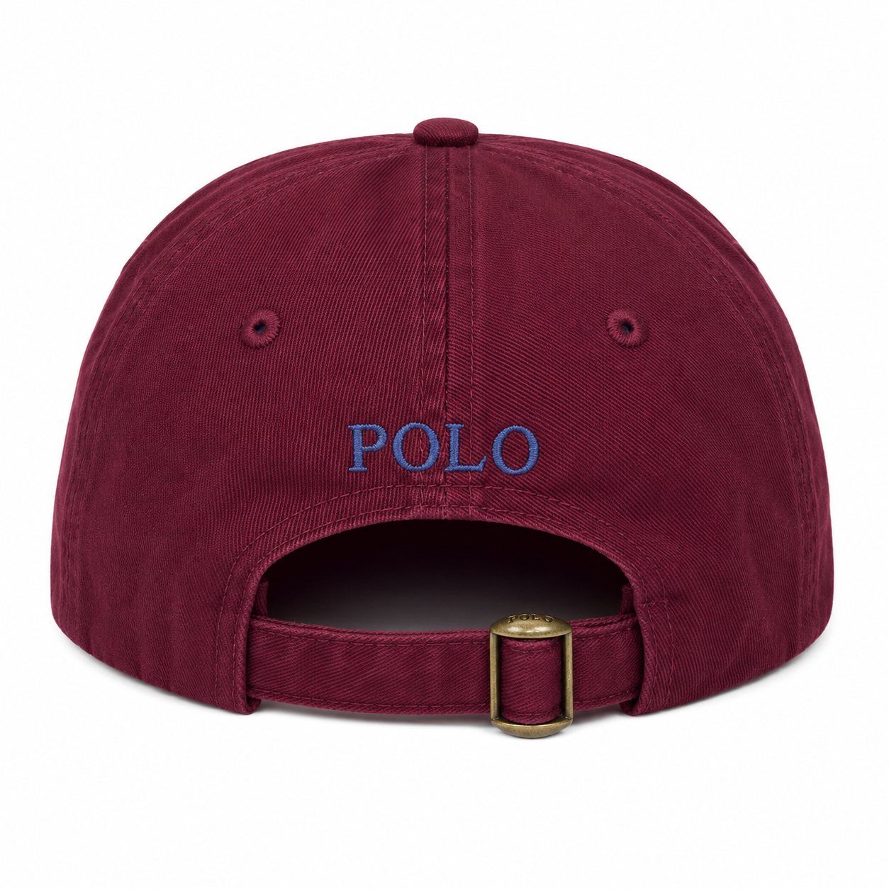 Ralph Lauren Polo brand baseball cap shown from the back, featuring a dusty burgundy cotton twill fabric, blue embroidered 'POLO' text, and a gold-tone metal buckle.