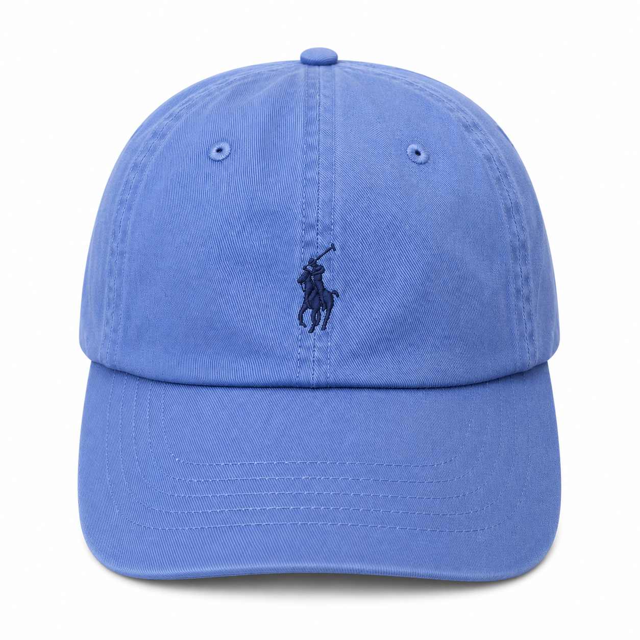A classic blue cotton baseball cap featuring the embroidered dark blue Polo pony logo on the front, set against a plain white background.