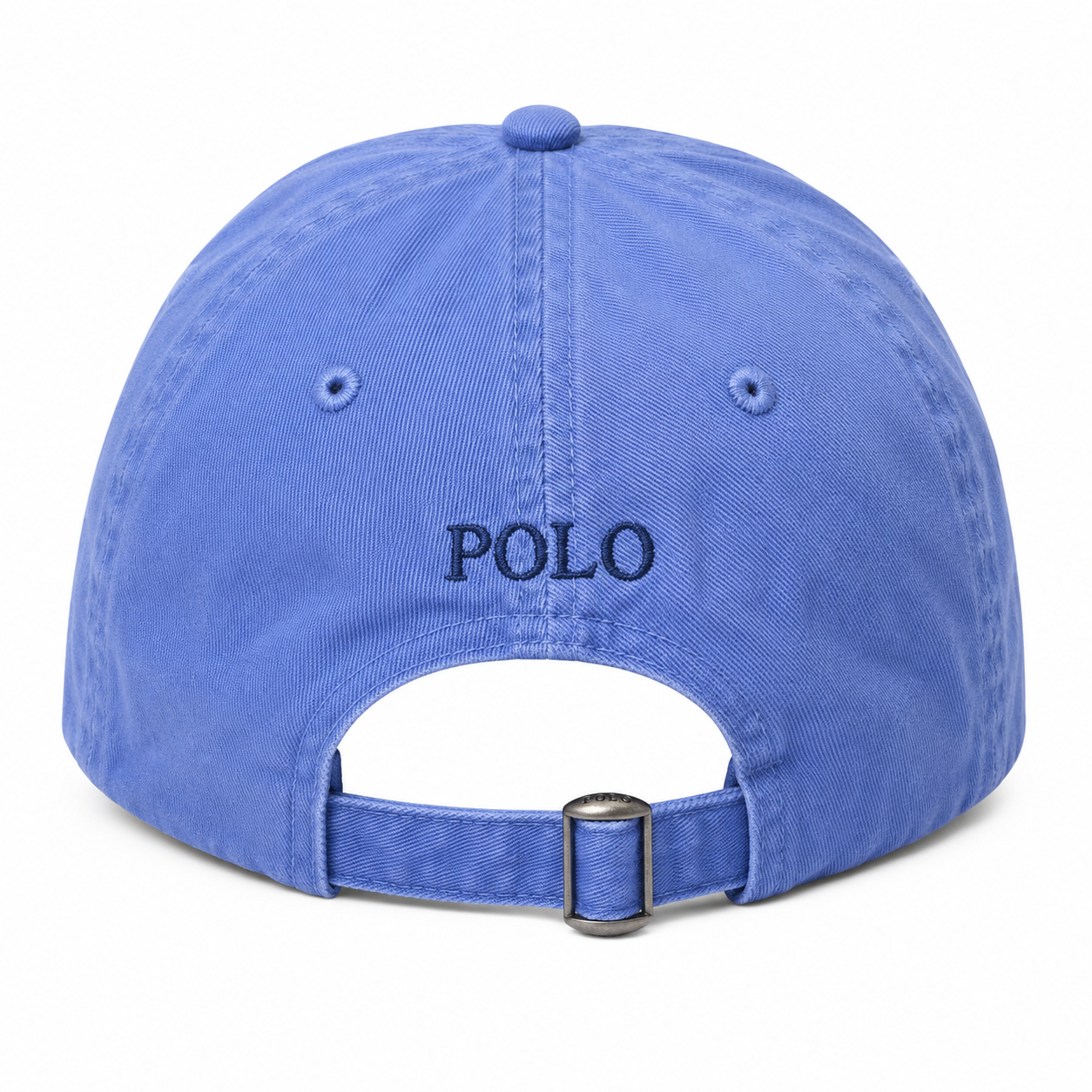 A blue cotton baseball cap shown from the back, featuring the word 'POLO' embroidered in navy on the center front and an adjustable strap with a metal slider at the back.