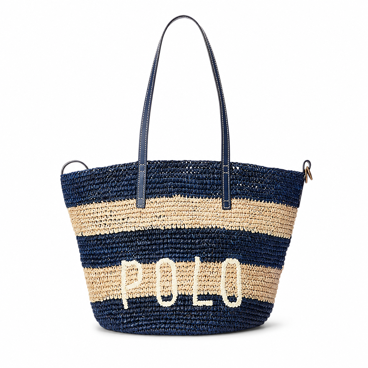 A woven straw tote bag with navy blue and beige horizontal stripes, featuring the word 'POLO' in white embroidered letters on the front and dark navy blue shoulder straps, shown on a plain white background.