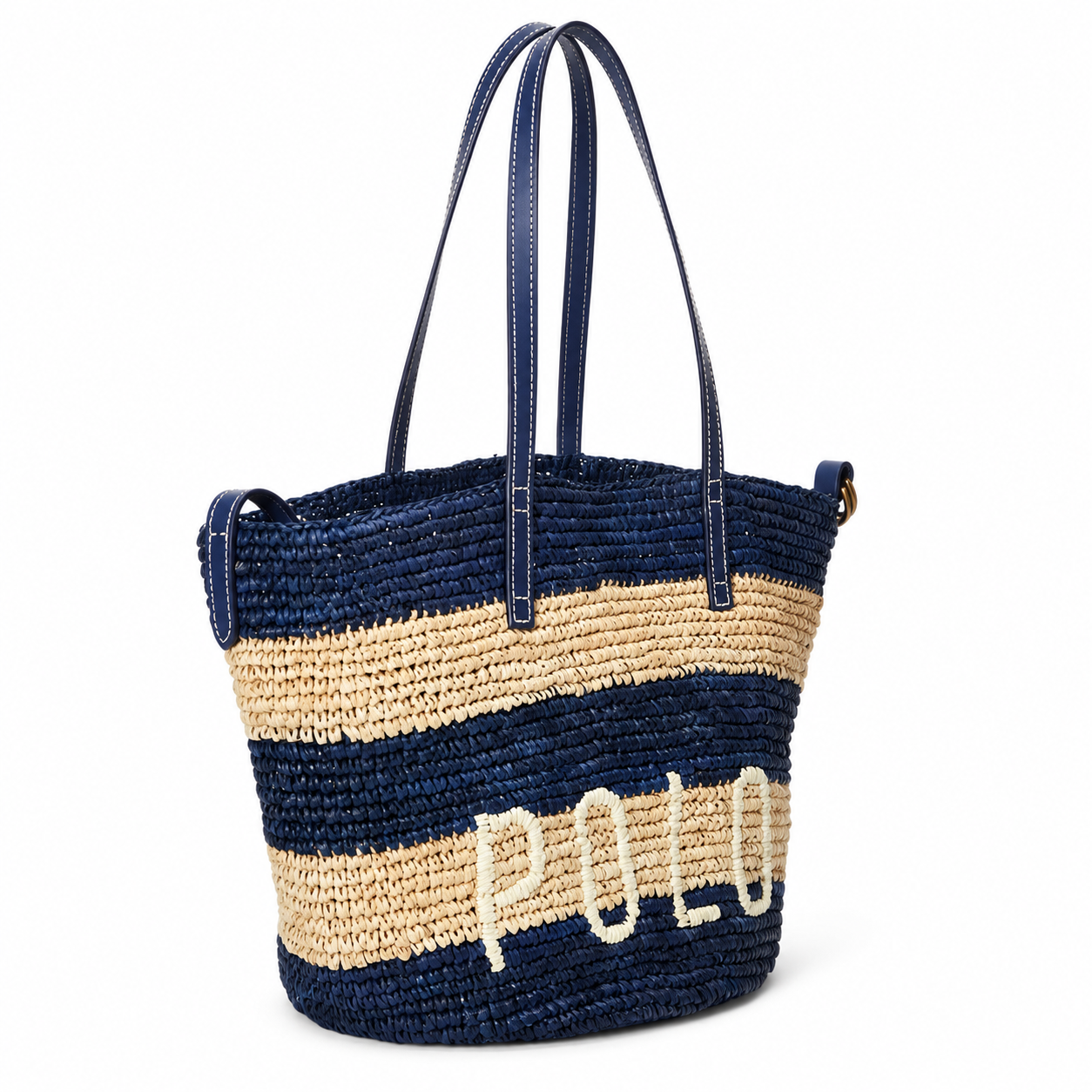 A woven straw tote bag with navy blue and natural beige horizontal stripes, featuring the word 'POLO' embroidered in white across the front and dark blue shoulder straps, on a white background.