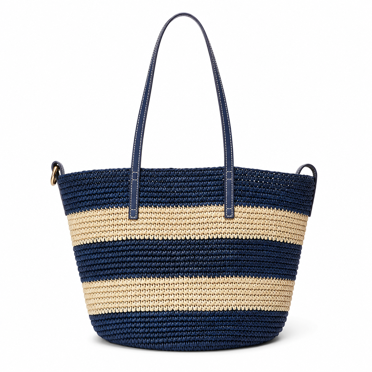 A woven straw tote bag with horizontal navy blue and beige stripes, featuring two dark blue leather shoulder straps and small gold-tone metal side hardware, shown on a plain white background.