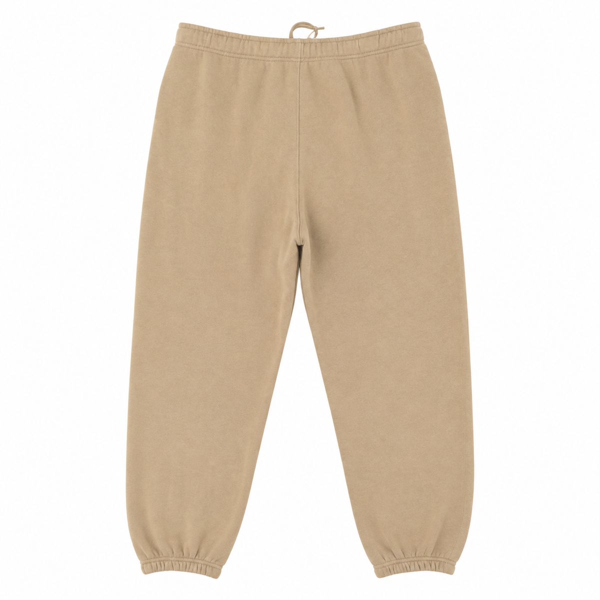A pair of beige fleece sweatpants with an elastic waistband and drawstring, featuring elasticized ankle cuffs, shown flat on a white background.
