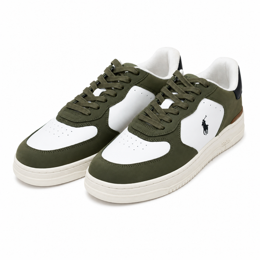 A pair of low-top sneakers in olive green and white, featuring the signature black Polo Ralph Lauren pony logo on the side, set against a plain white background.